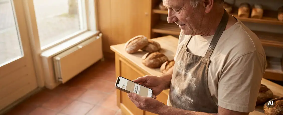 Nederlandse bakker in met bloem bestoven schort bekijkt smartphone bij houten toonbank, vers brood op de achtergrond.