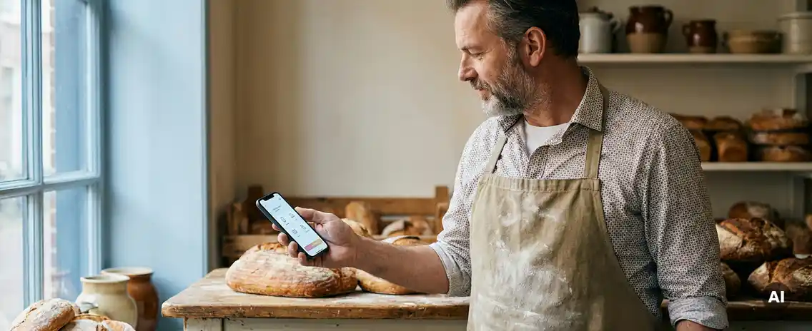 Nederlandse bakker in met bloem bestoven schort bekijkt smartphone bij houten toonbank, vers brood op de achtergrond.