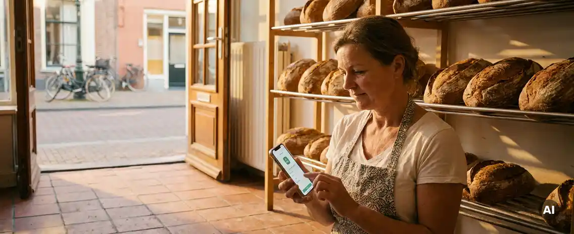 Nederlandstalige bakker in winkeldeuropening met smartphone, versgebakken broden op planken in warme ochtendlicht.