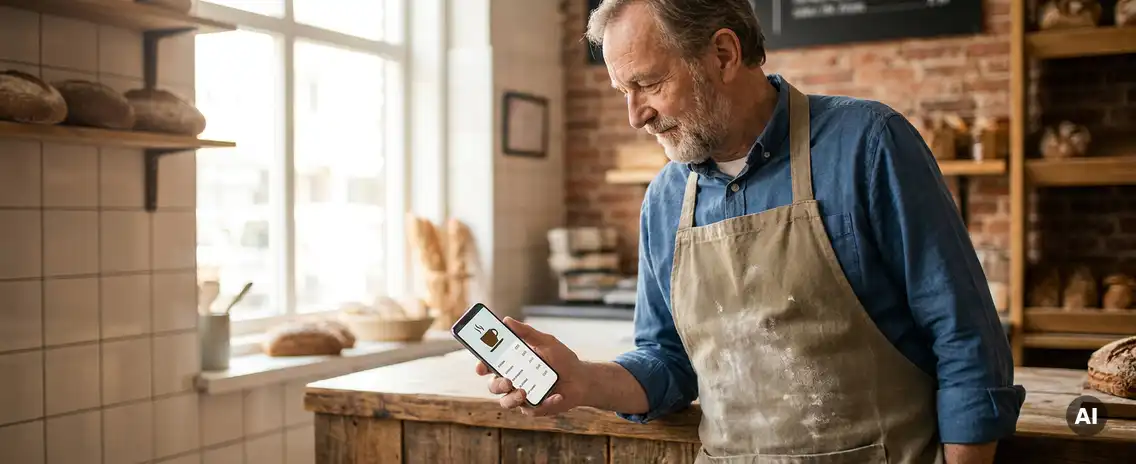 Nederlandse bakkerijhouder in bebloemd schort bekijkt smartphone achter houten toonbank, warm ochtendlicht door etalageraam.