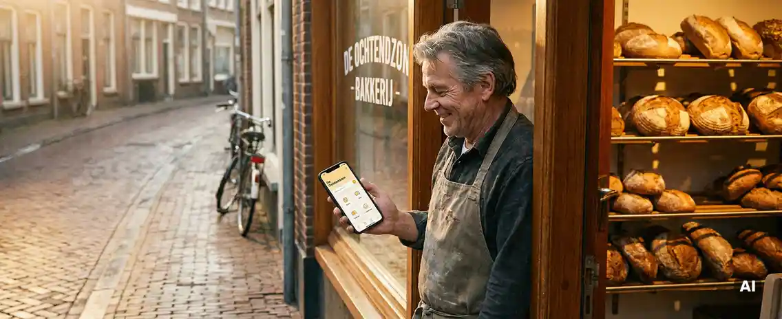 Nederlandse bakker in winkeldeur met smartphone, versgebakken broden op planken achter hem, gouden ochtendlicht op kinderkopjes straat.