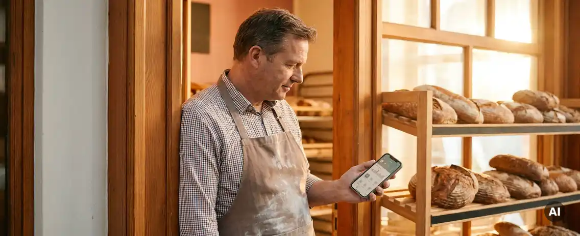 Nederlandse bakkerijhouder bekijkt smartphone in verlichte winkeldeur, versgebakken broden op houten planken op de achtergrond.
