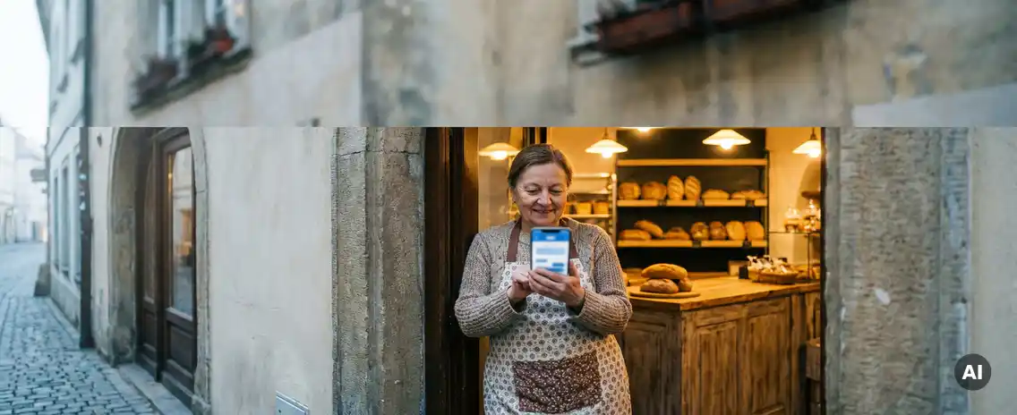 Bakkerijhouder bekijkt smartphone in de deuropening van een ambachtelijke bakkerij met vers brood op de achtergrond.