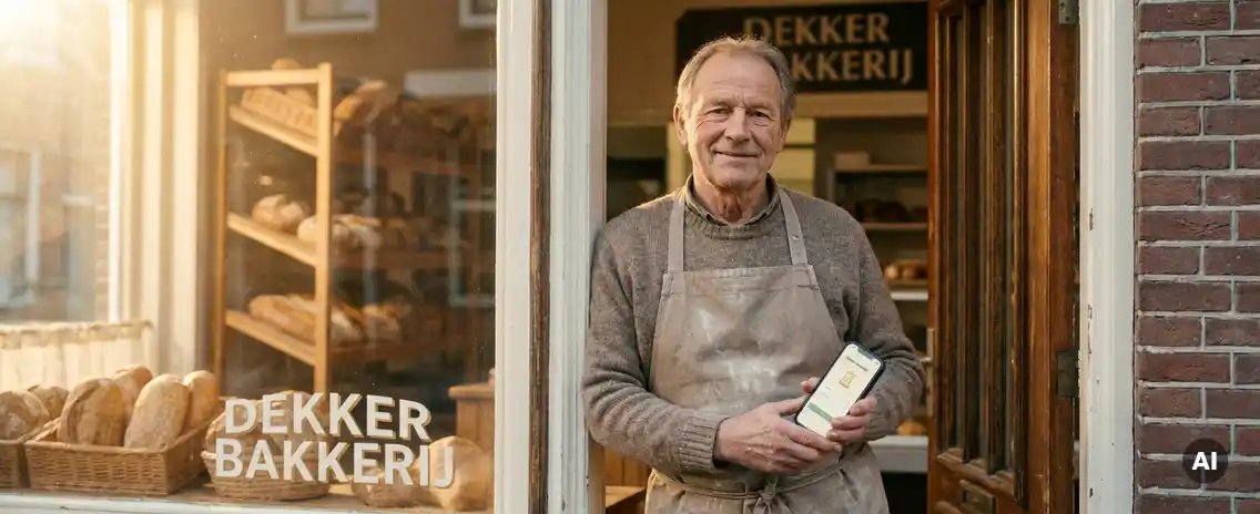 Nederlandse bakkerijhouder in gouden ochtendlicht bij winkeldeur, bekijkt mobiele app op smartphone, verse broden op achtergrond.