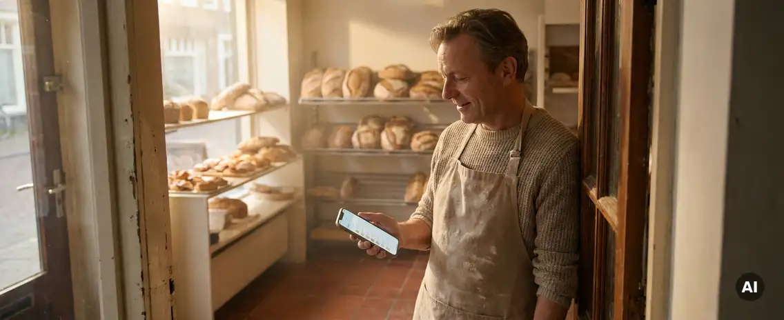 Bakkerijhouder in bestuivde deuropening bekijkt smartphone, met versgebakken broden en houten toonbank op de achtergrond.