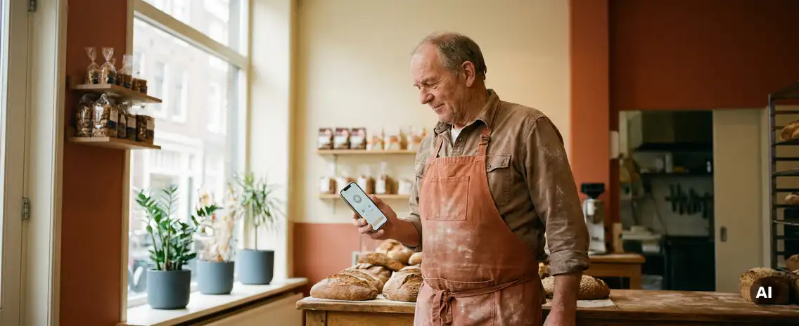 Nederlandstalige bakker in bebloemd schort bekijkt smartphone bij houten toonbank, warm daglicht vanuit etalageraam.