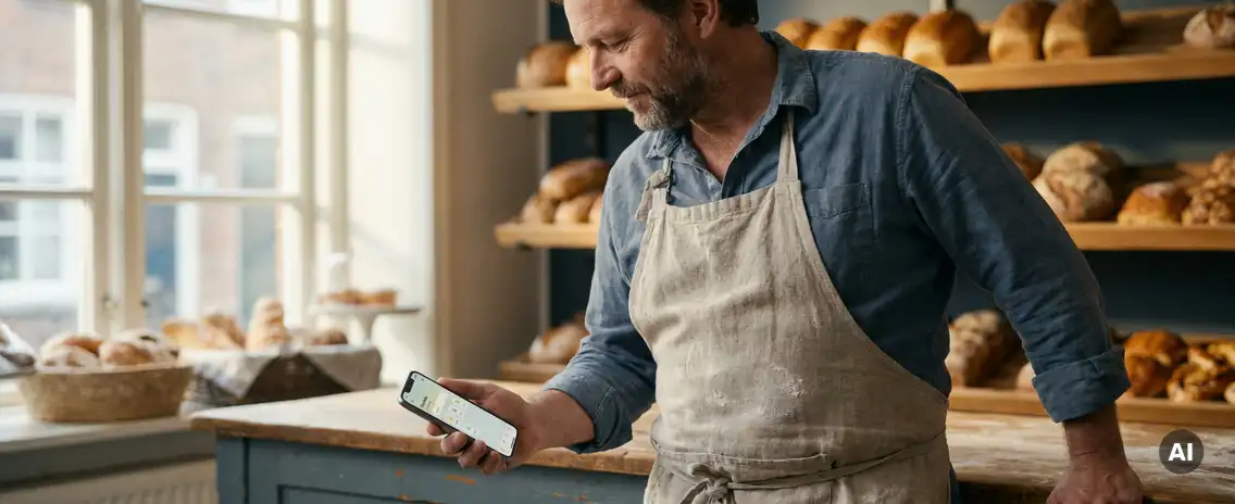 Nederlandse bakker in bebloemd schort bij houten toonbank, bekijkt smartphone in warm ochtendlicht met gouden broden op de achtergrond.