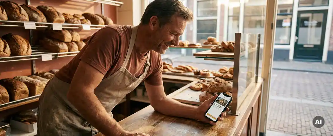 Nederlandse bakker in bebloemd schort bekijkt smartphone met lokale advertentie, versgebakken broden op de achtergrond in warm ochtendlicht.