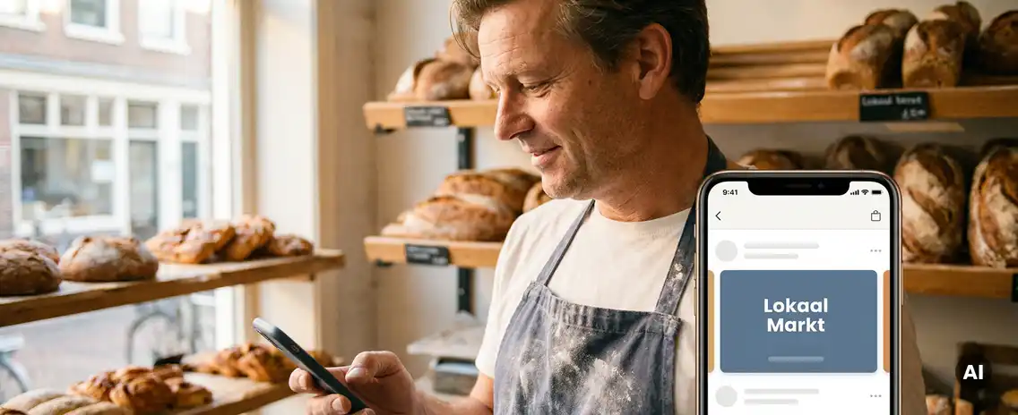 Nederlandse bakker in een warme bakkerij met smartphone, versgebakken broden op houten planken, ochtendlicht door etalageraam.