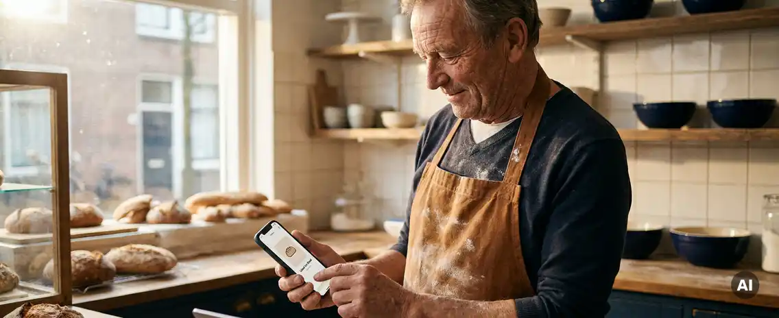 Nederlandse bakker in bebloemd schort bekijkt smartphone met app-interface achter houten toonbank, ochtendlicht door etalageraam.