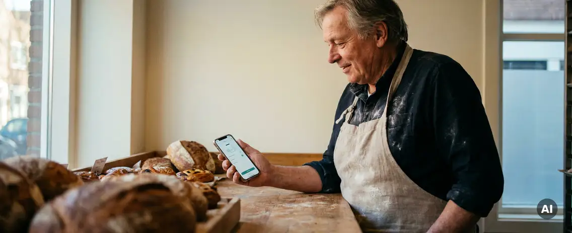 Nederlandse bakker in met meel bestoven schort bekijkt smartphone achter houten toonbank, met brood en gebak op de achtergrond.