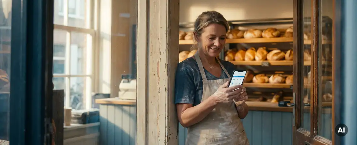 Nederlandse bakker in deuropening van zijn winkel, bekijkt smartphone terwijl broden op planken op de achtergrond zichtbaar zijn.
