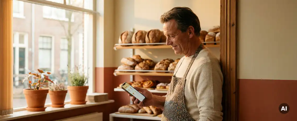 Nederlandse bakker in winkeldeurboog bekijkt smartphone, versgebakken broden op planken achter hem, warm ochtendlicht.