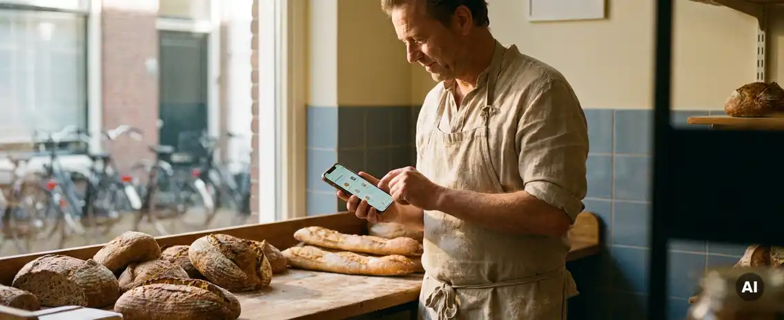 Bakker in met bloem bestoven schort bekijkt smartphone achter houten toonbank vol vers brood, warm ochtendlicht.