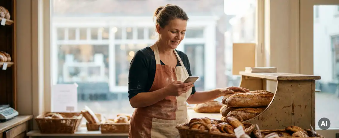 Bakkerijeigenaresse in met meel bestoven schort bekijkt smartphone bij houten toonbank, gouden broden op de voorgrond, zacht ochtendlicht.