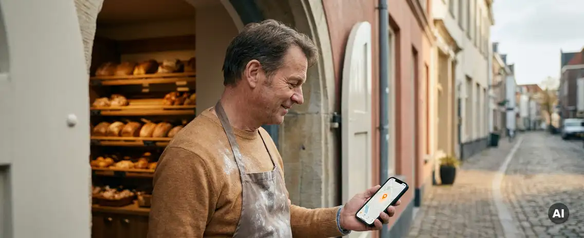 Nederlandse bakker in de deuropening van een warme bakkerij, blikkerend op smartphone met kaartapp, gouden broden op planken achter hem.