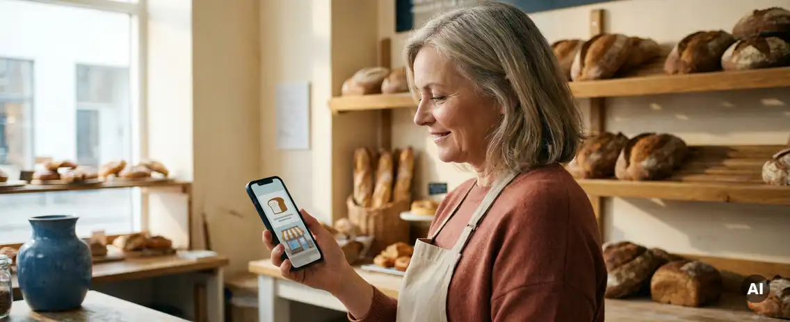 Nederlandse bakkerijeigenaresse bekijkt smartphone in ambachtelijke winkel met versgebakken broden op houten planken.