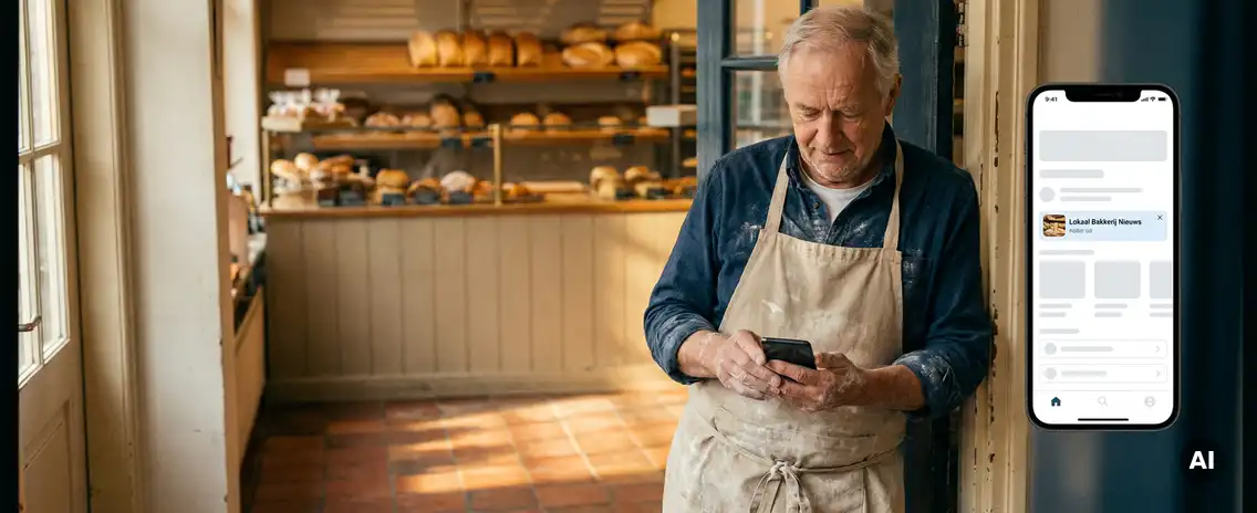 Nederlandse bakker in deuropening van zijn winkel, bekijkt smartphone met advertentie, gouden ochtendlicht op terracotta tegels.