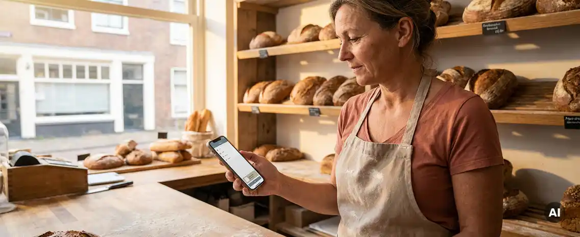 Bakkerij eigenaar bekijkt smartphone met advertentiebanner, versgebakken broden op planken in warme, met meel bestoven winkel.