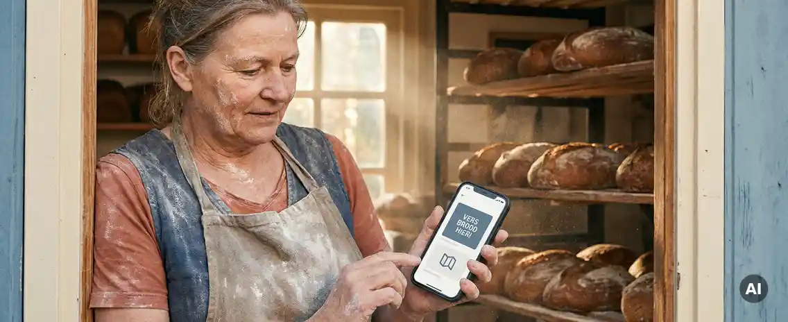 Nederlandse bakker in deuropening van warme bakkerij, kijkt naar smartphone met advertentie-interface, broodbroden op planken op de achtergrond.