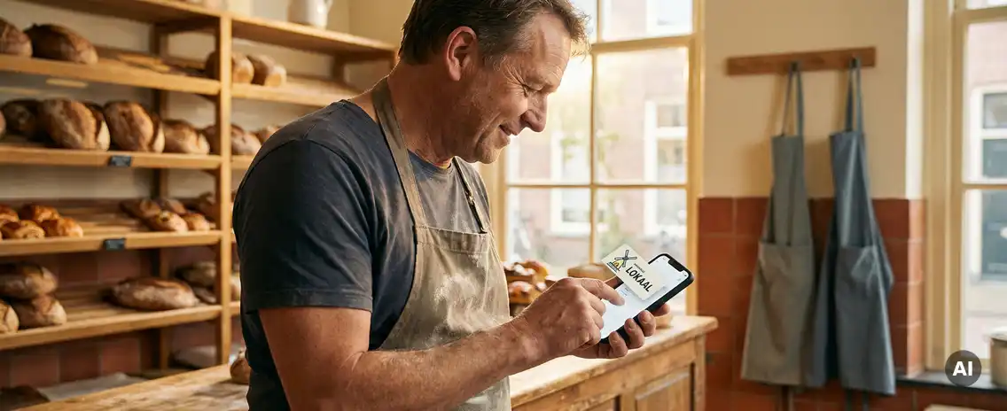 Nederlandse bakker in een warme, met meel bestoven winkel, kijkt naar smartphone terwijl versgebakken broden op planken achter hem staan.