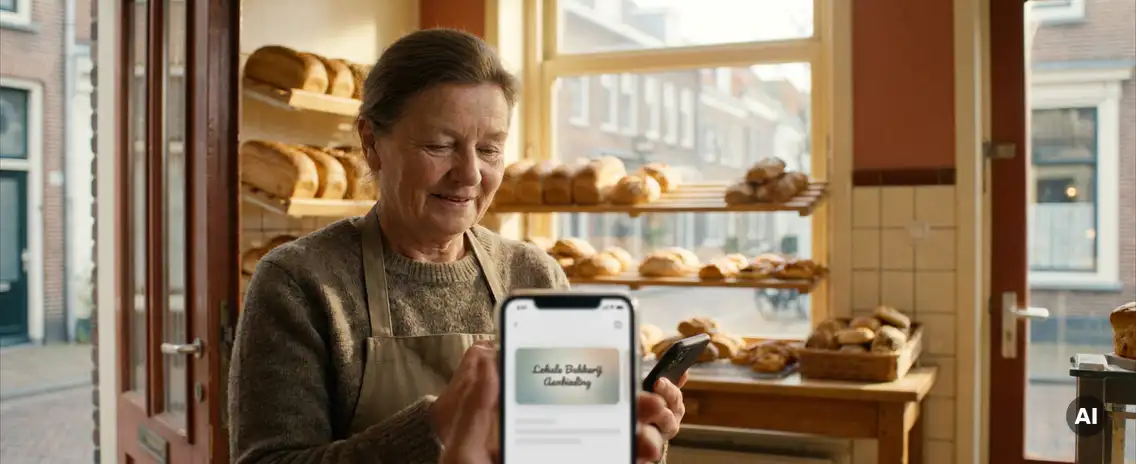 Nederlandse bakkerijhouder in winkeldeuropening met smartphone, versgebakken broden op planken achter hem, warm ochtendlicht.