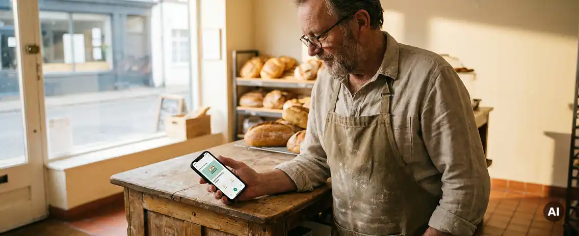 Nederlandse bakker in met meel bestoven schort bekijkt smartphone bij houten toonbank, versgebakken broden op achtergrond.
