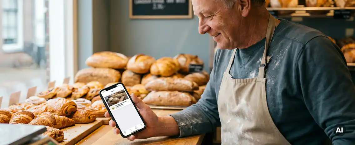 Bakkerij eigenaar achter de toonbank met smartphone, verse broden en gebak op de achtergrond, warm natuurlijk daglicht.