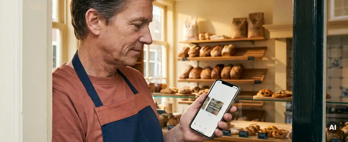 Nederlandsebakker in winkeldeurpost bekijkt smartphone, versgebakken broden op planken achter hem, warme ochtendsfeer.