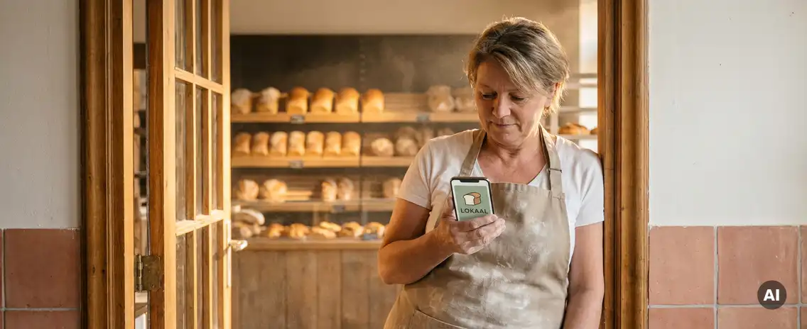 Nederlandse bakkerijhouder in deuropening bekijkt smartphone met lokale advertentie, versgebakken broden op planken op de achtergrond.