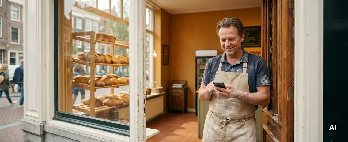 Bakkerij eigenaar in met meel bestoven deuropening, smartphone in hand, verse broodjes op houten planken op de achtergrond.