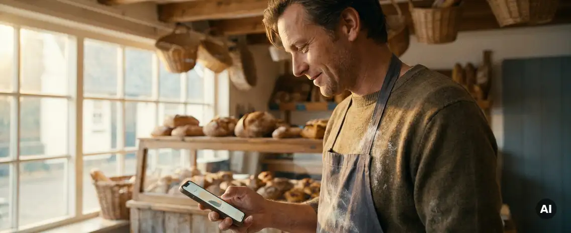 Nederlandse bakker in bebloemd schort bekijkt smartphone bij houten toonbank met versgebakken broden in warm ochtendlicht.