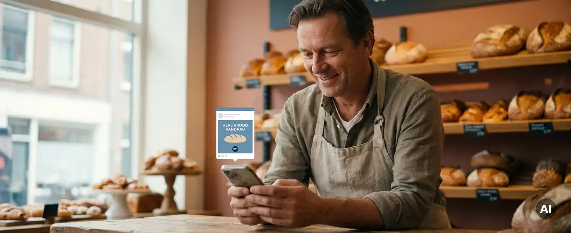 Bakkerijhouder in schort bekijkt lokale advertentie op smartphone, met broden en gebak op houten toonbank op de achtergrond.