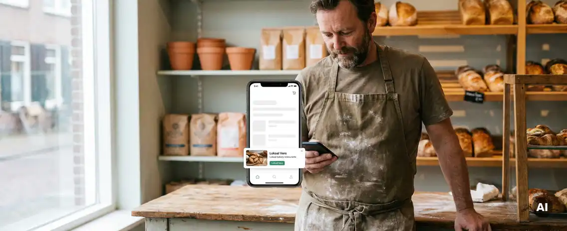 Nederlandse bakker in met meel bestoven schort bekijkt smartphone met advertentie-interface, versgebakken broden op achtergrond.