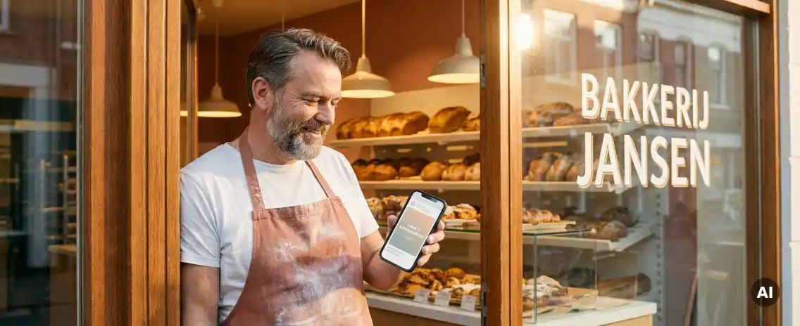 Vriendelijke Nederlandse bakker in winkeldeurpost met smartphone, gouden broden op planken achter hem, warm ochtendlicht.