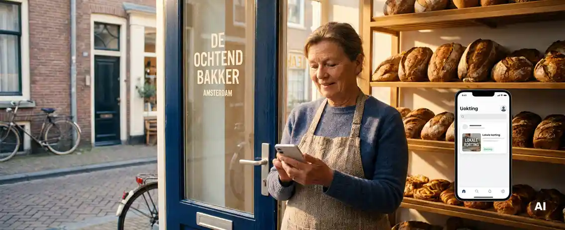 Nederlandse bakker in winkeldeuropening met smartphone, versgebakken broden op planken achter hem, gouden ochtendlicht.