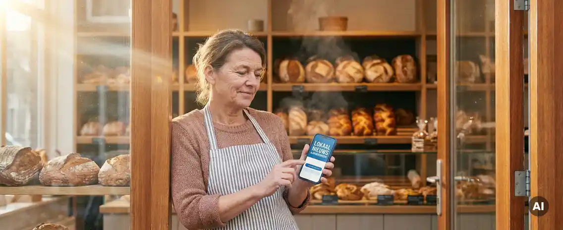 Nederlandse bakker in winkeldeuropening met smartphone, verse broodjes op planken achter hem, warm ochtendlicht.