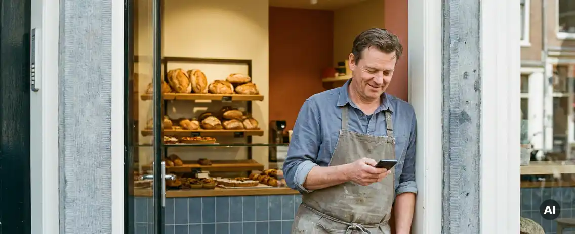 Bakkerijeigenaar bekijkt smartphone in de deuropening van een warme bakkerij met broden en gebak op de achtergrond.