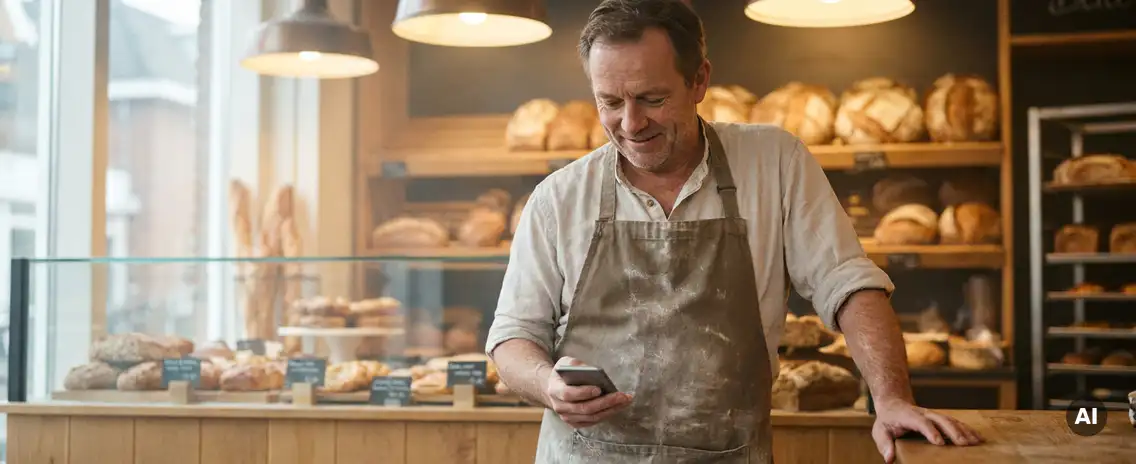 Nederlandse bakker bekijkt smartphone in warme, met meel bestoven bakkerij met versgebakken broden op de achtergrond.