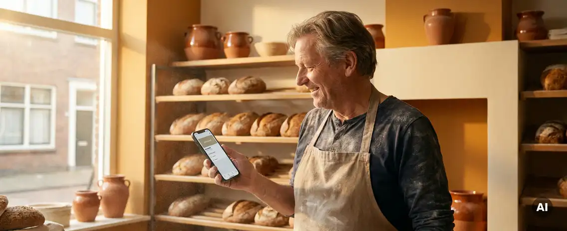 Nederlandse bakker in een warme, met bloem bestoven winkel die naar een smartphone kijkt, versgebakken broden op houten planken op de achtergrond.