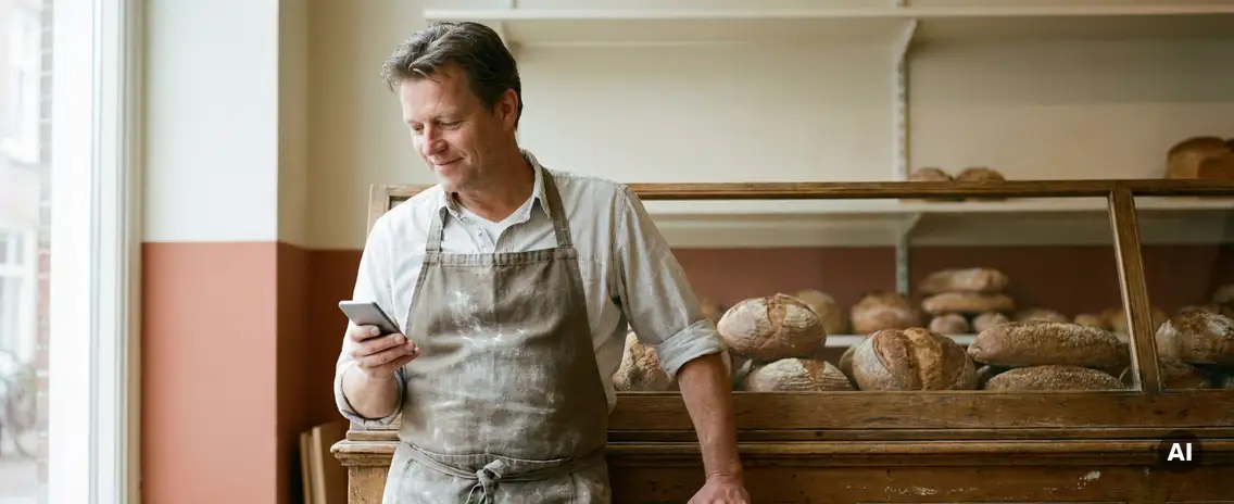 Nederlandstalige bakker in bebloemd schort bekijkt smartphone bij houten toonbank, met broden op de achtergrond.
