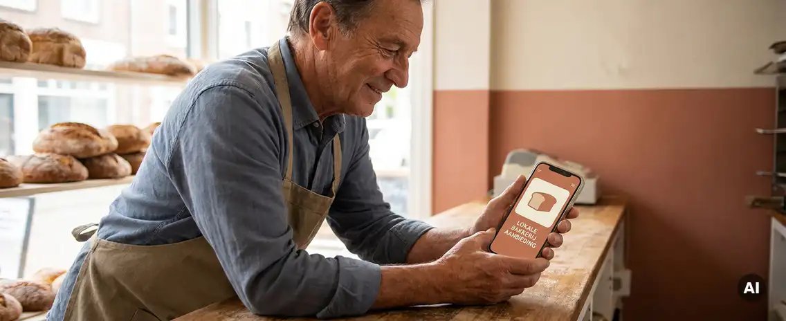 Nederlandse bakker in schort bij houten toonbank, smartphone met lokale advertentie in hand, broden op achtergrond.