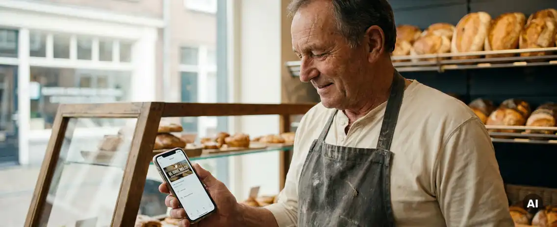 Nederlandstalige bakker in schort bekijkt smartphone met advertentie-app, warme broden op houten toonbank op de achtergrond.